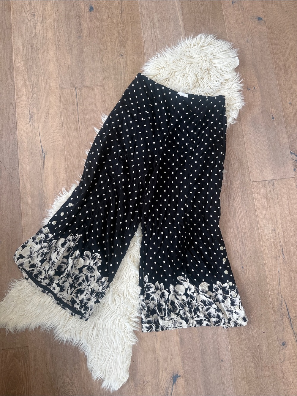 Anthropologie Black Polka Dot Wide-Leg Pants with Floral Hem